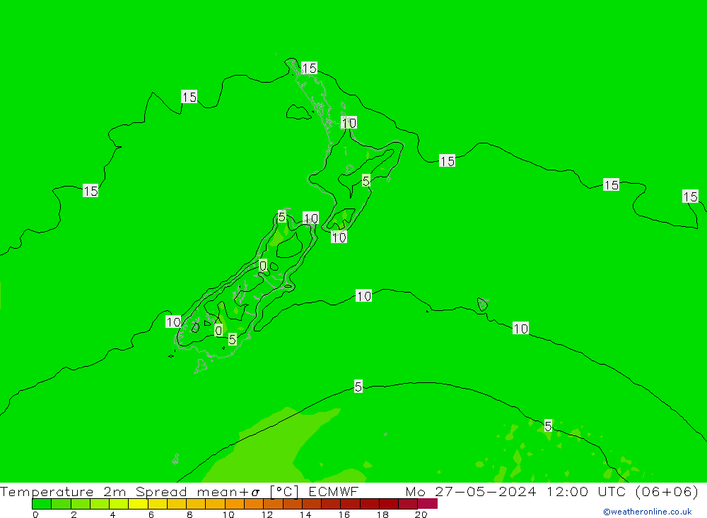 Temperature 2m Spread ECMWF Mo 27.05.2024 12 UTC