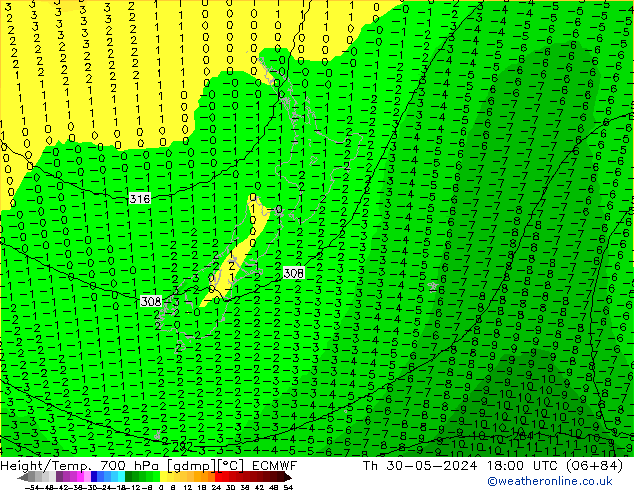 Height/Temp. 700 hPa ECMWF Qui 30.05.2024 18 UTC