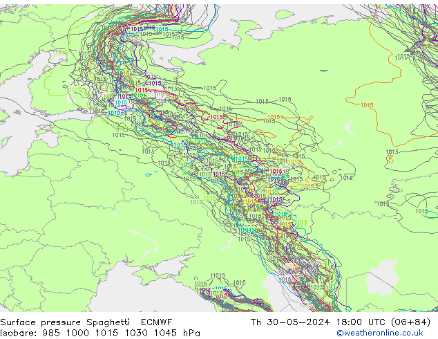 Surface pressure Spaghetti ECMWF Th 30.05.2024 18 UTC