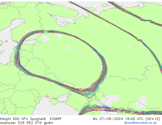 Height 500 hPa Spaghetti ECMWF pon. 27.05.2024 18 UTC