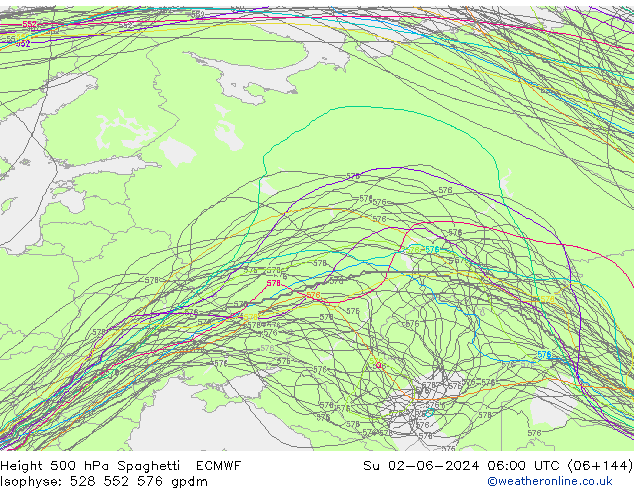 Height 500 hPa Spaghetti ECMWF Su 02.06.2024 06 UTC