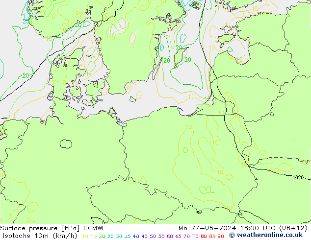 Isotachs (kph) ECMWF lun 27.05.2024 18 UTC