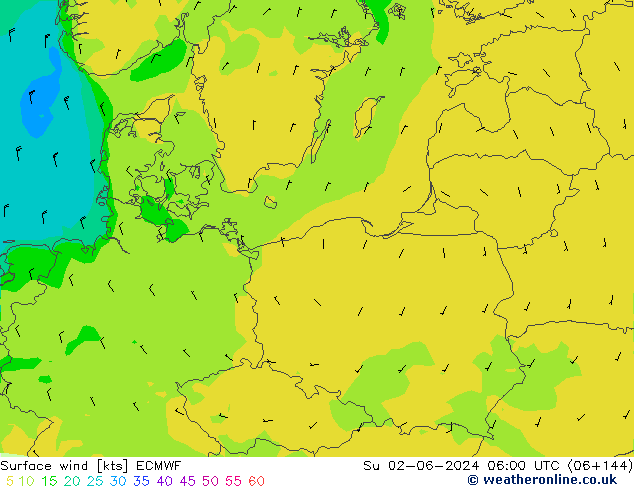 wiatr 10 m ECMWF nie. 02.06.2024 06 UTC