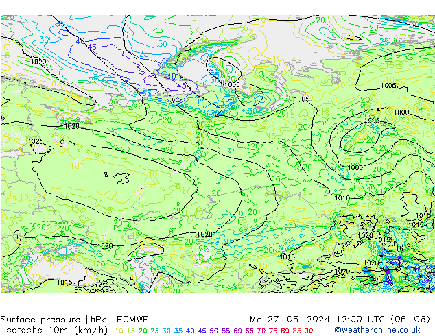 Isotachs (kph) ECMWF lun 27.05.2024 12 UTC