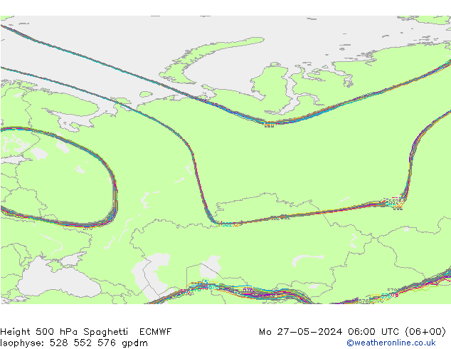 Height 500 hPa Spaghetti ECMWF Po 27.05.2024 06 UTC