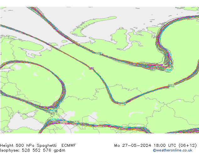 Height 500 hPa Spaghetti ECMWF Mo 27.05.2024 18 UTC