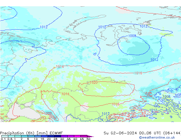 Totale neerslag (6h) ECMWF zo 02.06.2024 06 UTC