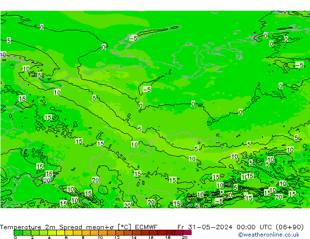 Temperatuurkaart Spread ECMWF vr 31.05.2024 00 UTC