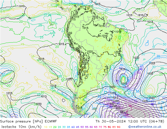 Isotachs (kph) ECMWF  30.05.2024 12 UTC