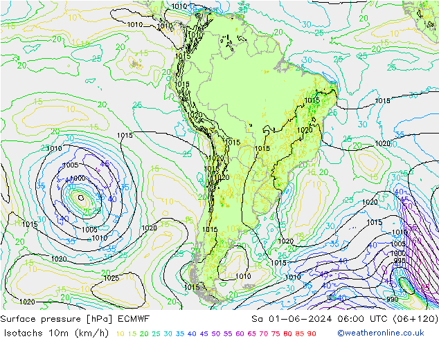 Isotachs (kph) ECMWF Sa 01.06.2024 06 UTC