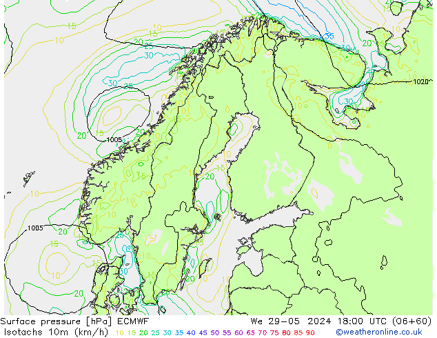 Isotachs (kph) ECMWF Qua 29.05.2024 18 UTC