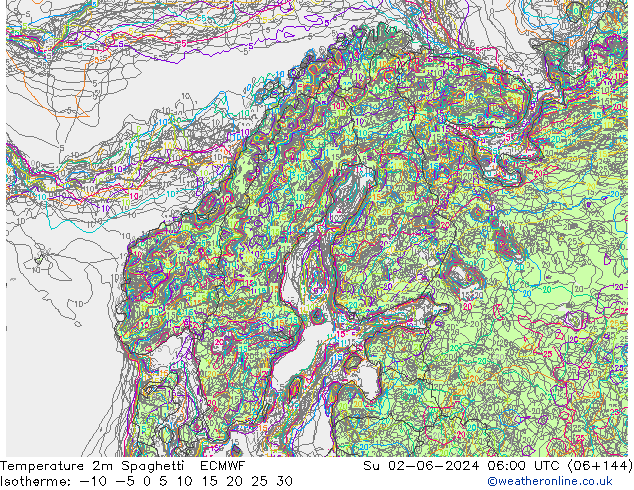 карта температуры Spaghetti ECMWF Вс 02.06.2024 06 UTC