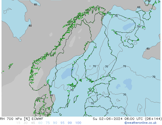 RH 700 гПа ECMWF Вс 02.06.2024 06 UTC