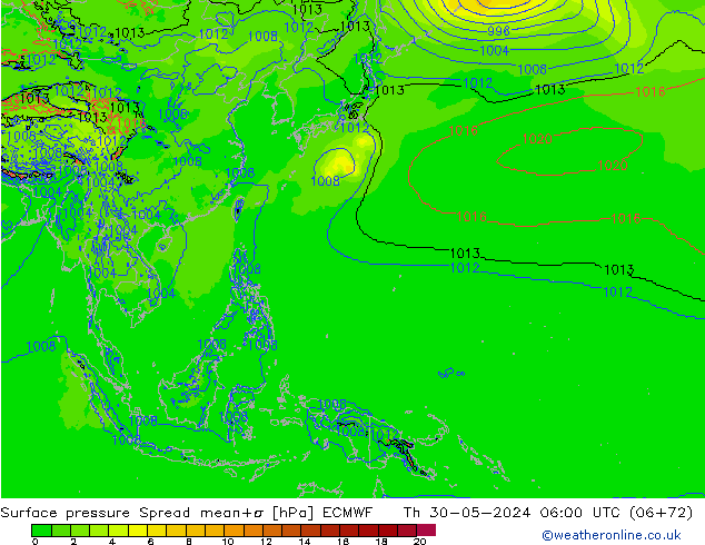 Pressione al suolo Spread ECMWF gio 30.05.2024 06 UTC