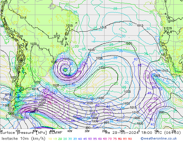 Isotachs (kph) ECMWF Qua 29.05.2024 18 UTC