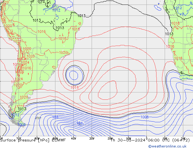 pressão do solo ECMWF Qui 30.05.2024 06 UTC