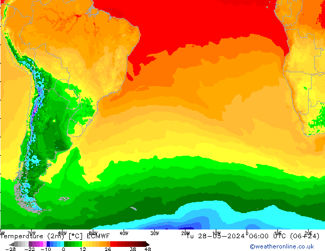 mapa temperatury (2m) ECMWF wto. 28.05.2024 06 UTC