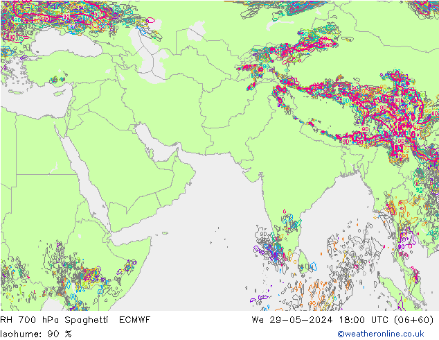 RH 700 гПа Spaghetti ECMWF ср 29.05.2024 18 UTC