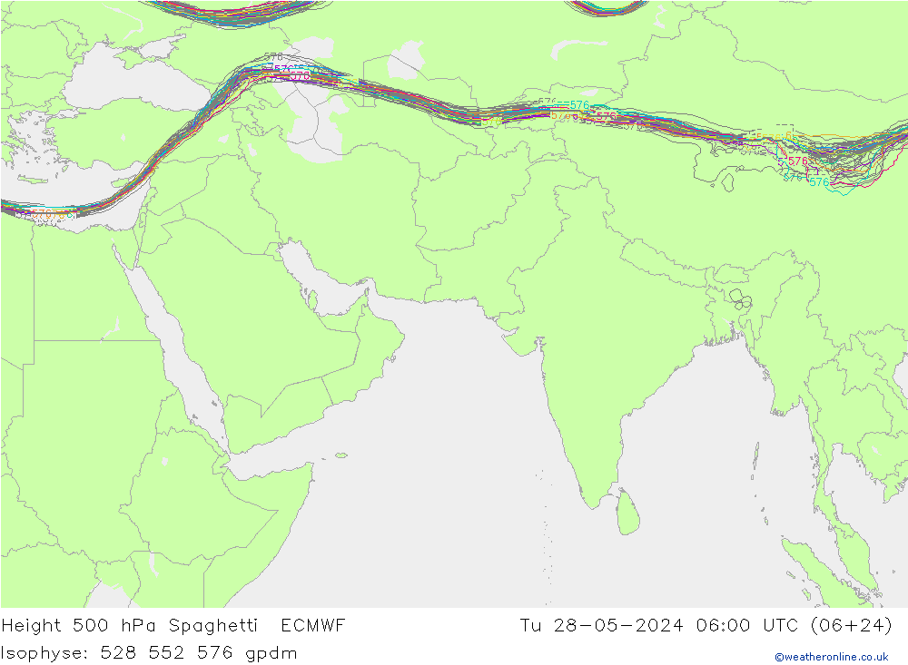 Height 500 hPa Spaghetti ECMWF Tu 28.05.2024 06 UTC