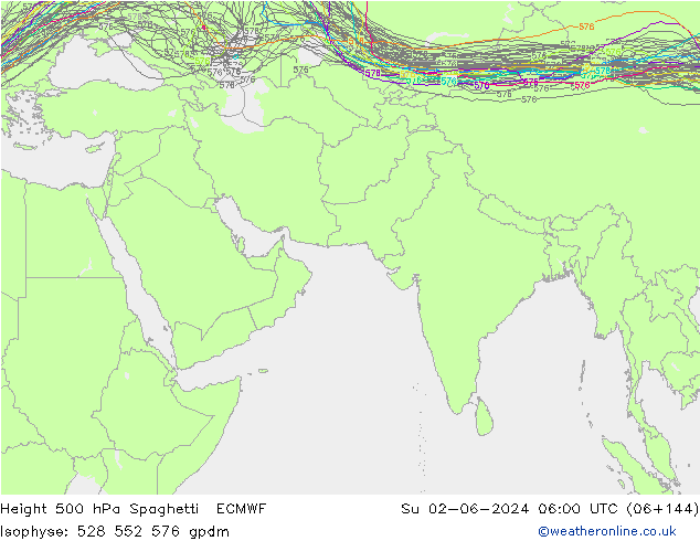 Height 500 hPa Spaghetti ECMWF Su 02.06.2024 06 UTC