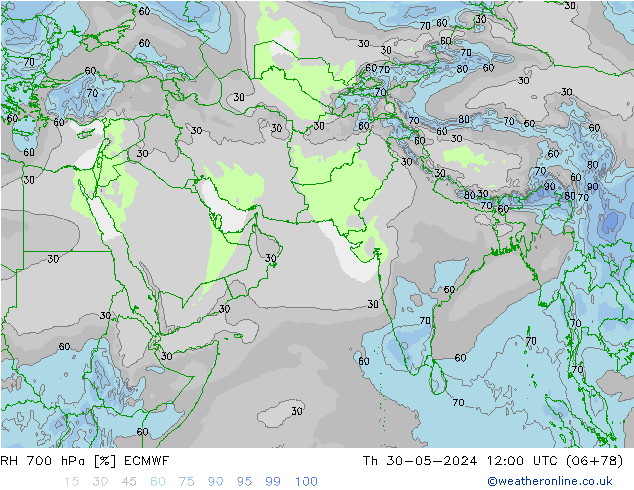 RH 700 hPa ECMWF Qui 30.05.2024 12 UTC