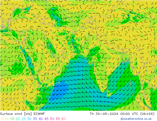 wiatr 10 m ECMWF czw. 30.05.2024 00 UTC