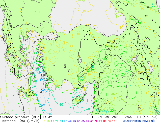 Isotachs (kph) ECMWF Út 28.05.2024 12 UTC