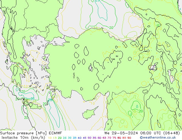 Isotachs (kph) ECMWF We 29.05.2024 06 UTC