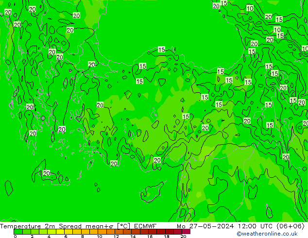 Temperatura 2m Spread ECMWF lun 27.05.2024 12 UTC