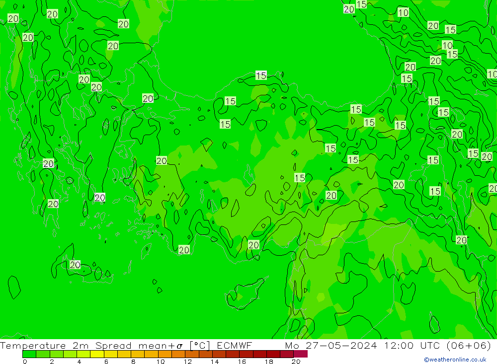 Temperature 2m Spread ECMWF Mo 27.05.2024 12 UTC