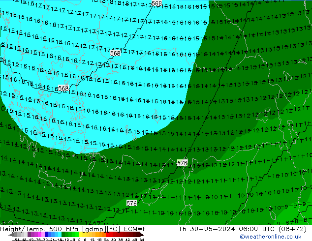 Height/Temp. 500 hPa ECMWF Th 30.05.2024 06 UTC