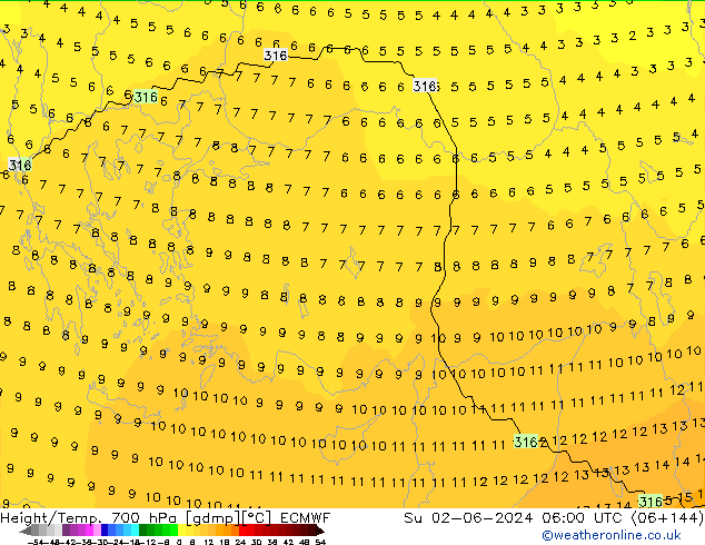 Height/Temp. 700 hPa ECMWF  02.06.2024 06 UTC