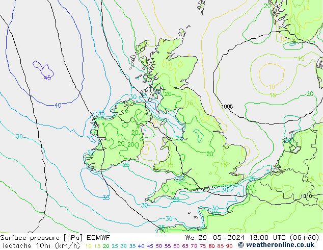 Isotachs (kph) ECMWF  29.05.2024 18 UTC