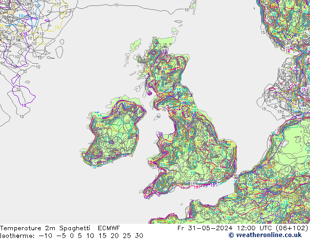 température 2m Spaghetti ECMWF ven 31.05.2024 12 UTC