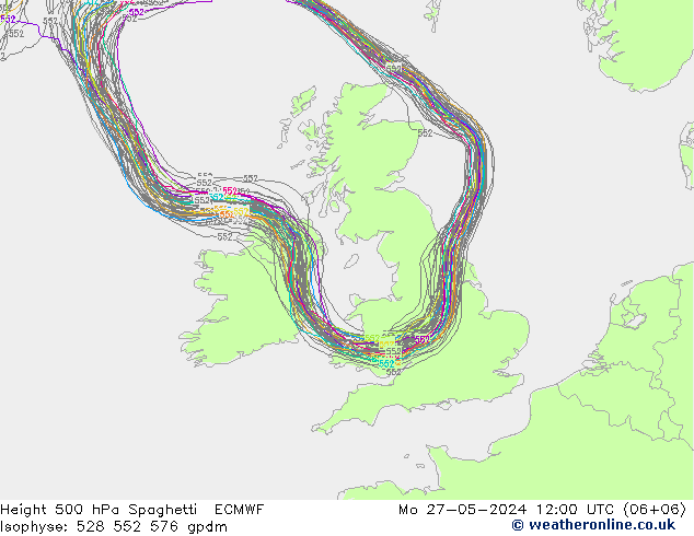 Height 500 hPa Spaghetti ECMWF Mo 27.05.2024 12 UTC