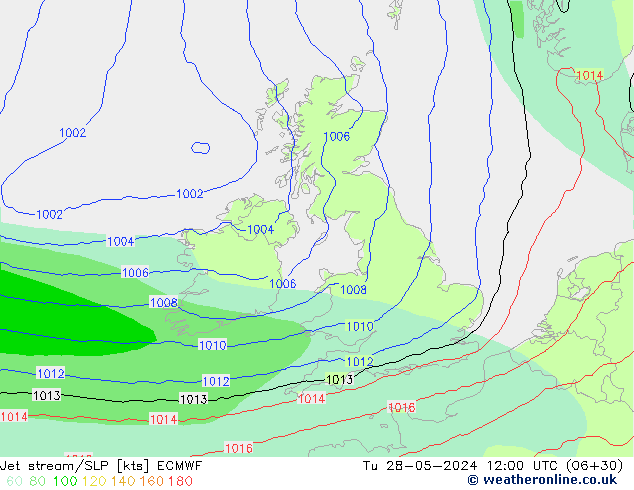 Jet stream/SLP ECMWF Tu 28.05.2024 12 UTC