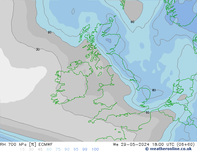 RH 700 hPa ECMWF We 29.05.2024 18 UTC