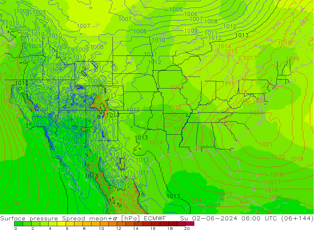 Pressione al suolo Spread ECMWF dom 02.06.2024 06 UTC