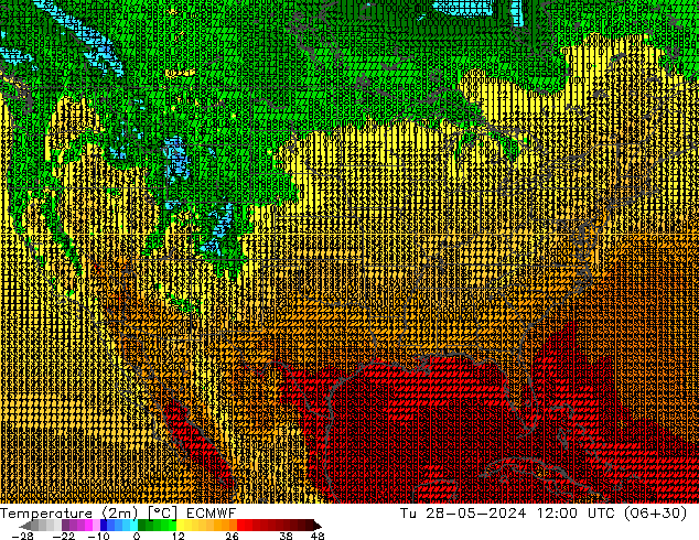 Temperatuurkaart (2m) ECMWF di 28.05.2024 12 UTC