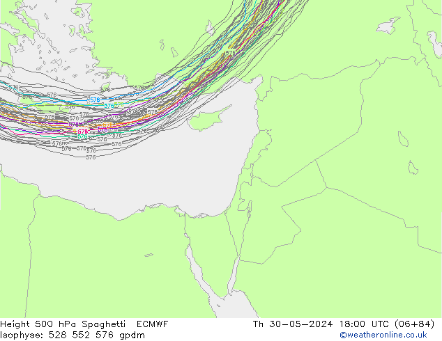 Height 500 гПа Spaghetti ECMWF чт 30.05.2024 18 UTC