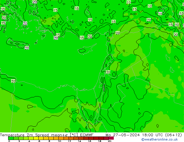 карта температуры Spread ECMWF пн 27.05.2024 18 UTC