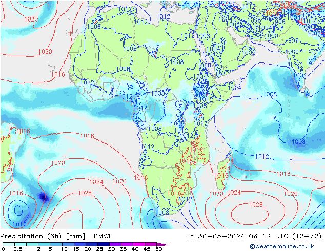 Totale neerslag (6h) ECMWF do 30.05.2024 12 UTC