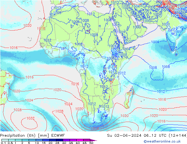 Precipitation (6h) ECMWF Su 02.06.2024 12 UTC