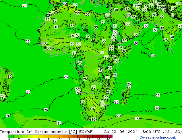 Temperatuurkaart Spread ECMWF zo 02.06.2024 18 UTC