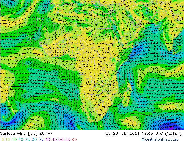 Vento 10 m ECMWF Qua 29.05.2024 18 UTC