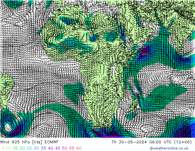 Wind 925 hPa ECMWF Čt 30.05.2024 06 UTC