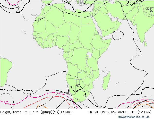 Height/Temp. 700 гПа ECMWF чт 30.05.2024 06 UTC