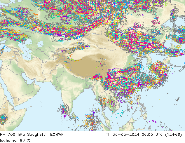 RH 700 hPa Spaghetti ECMWF Čt 30.05.2024 06 UTC