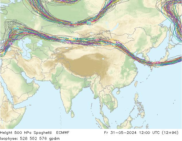 Hoogte 500 hPa Spaghetti ECMWF vr 31.05.2024 12 UTC