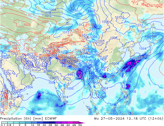 Precipitation (6h) ECMWF Po 27.05.2024 18 UTC